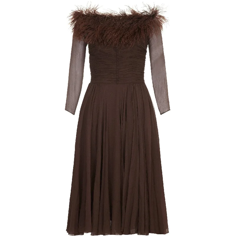 Hot Deal 1950s Cardinal Brown Silk Chiffon and Feather Trim Dress