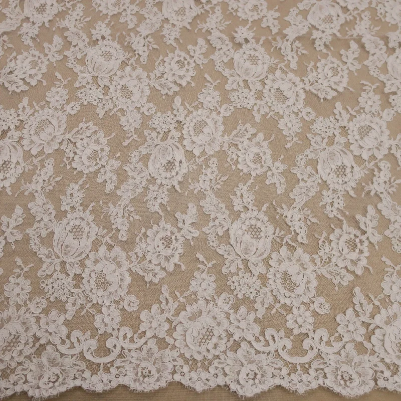 Lowest Price White Embroidered Corded Tulle Double Scalloped Floral Lace