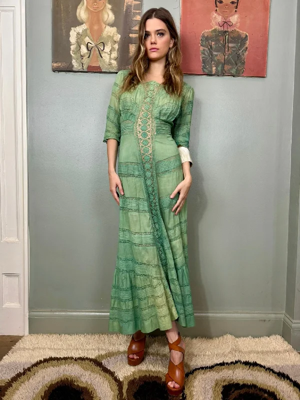 Clearance Items Matcha, Victorian hand dyed cotton and lace dress