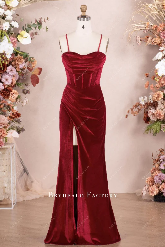 Exclusive Online Offer Ruby Velvet Pleated Corset High Slit Prom Formal Dress