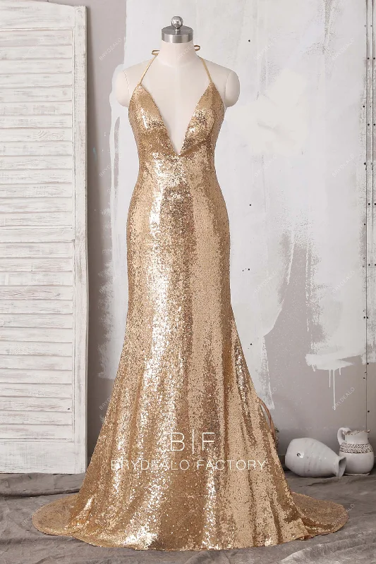 Crazy Savings Gold Sequin Plunging Neck Halter Strap Mermaid Prom Dress