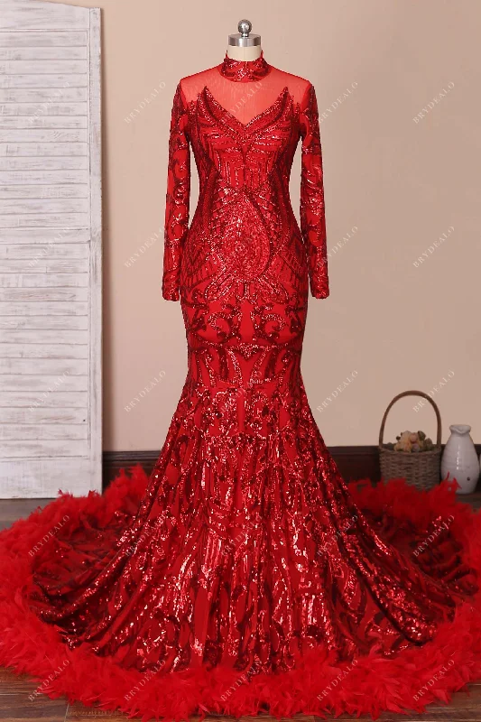 Huge Discounts Unique Sequin & Feather African American Red Prom Dress