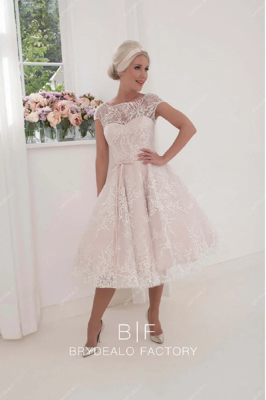 Steals and Deals Short Sleeve Lace Pearl Pink Tea Length Vintage Bridal Dress