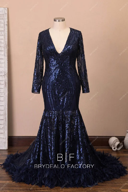 Don't Miss Navy Sleeved Sparkly Sequin Feather Mermaid Prom Dress