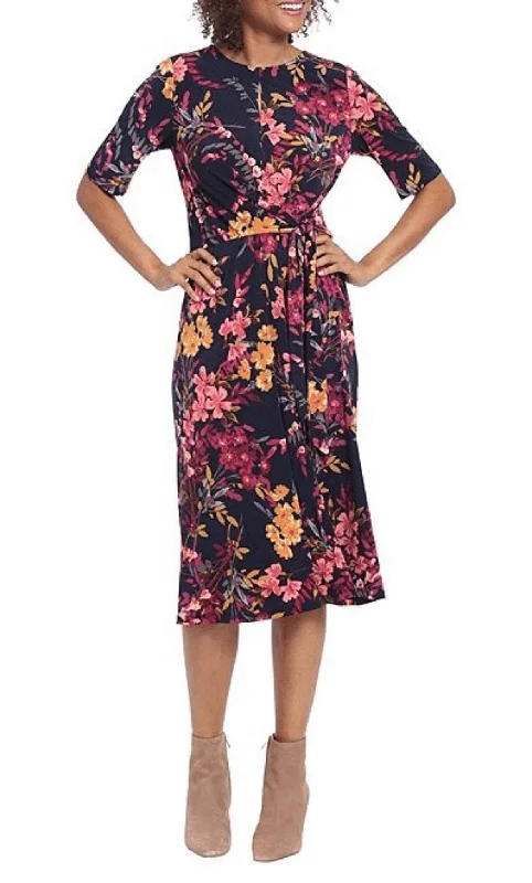 Buy More, Save More London Times T6509M - Floral Keyhole Front Tea-Length Dress