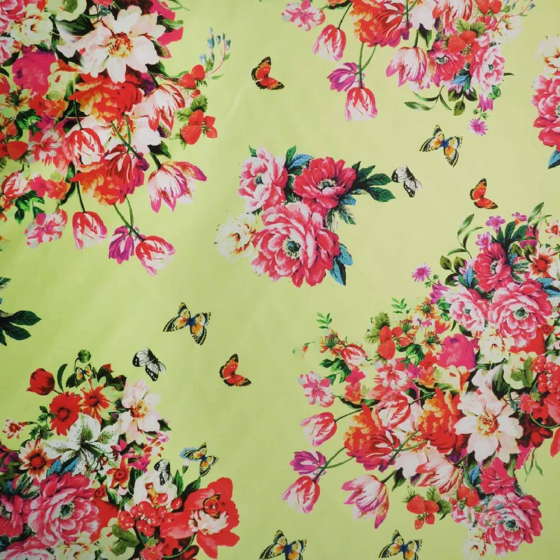 Act Fast Pink Roses on Yellow Background Printed Polyester Mikado Fabric