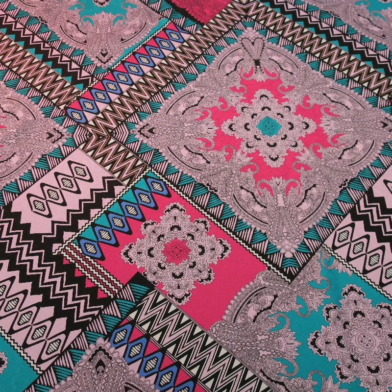 Bargain Blast Teal and Fuchsia Background Symetric Printed China Silk Fabric