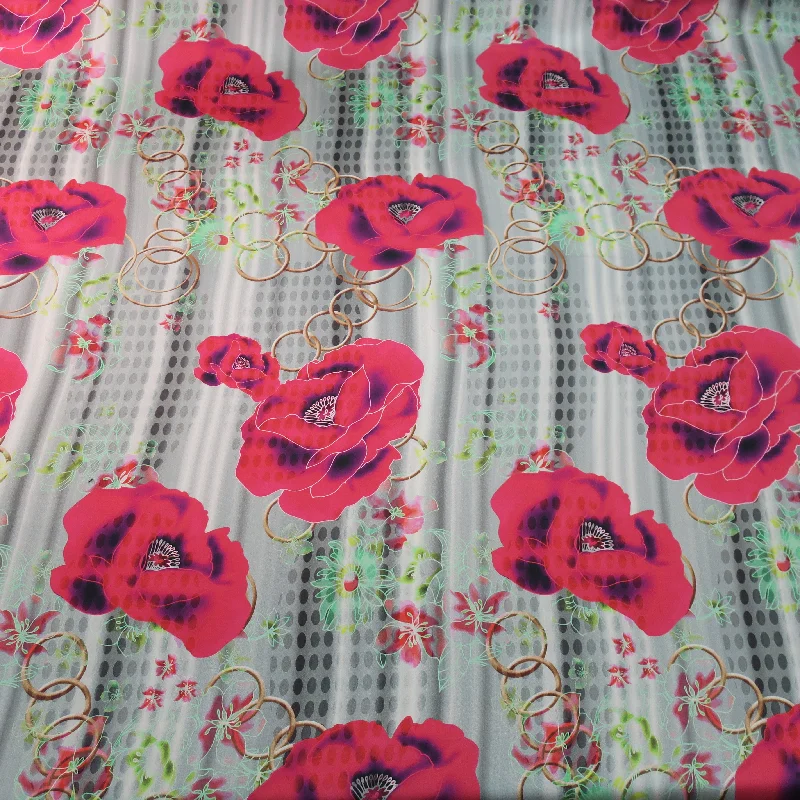 The Best Prices Pink Poppy on Grey Abstract Ground Printed Silk Charmeuse