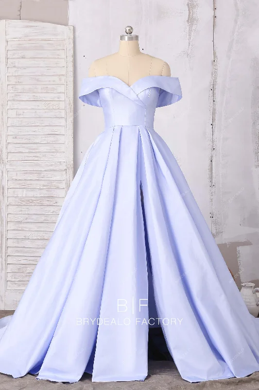 Deal Frenzy Lavender Satin Off Shoulder Sexy Leg Slit A-line Prom Dress