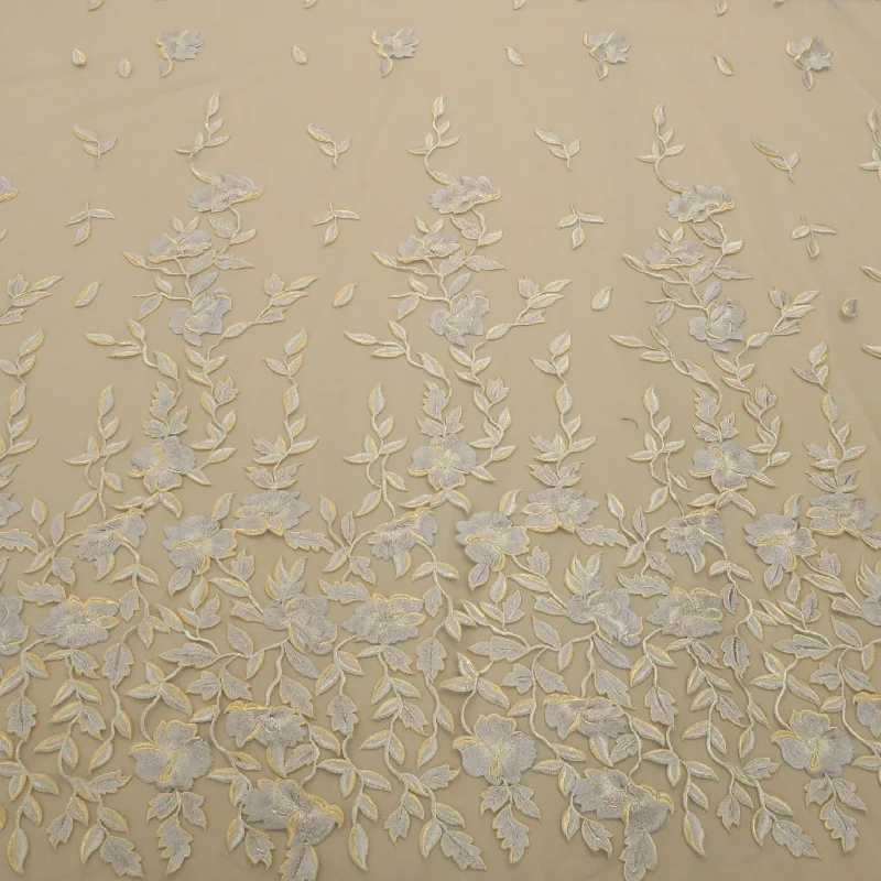Overstock Silver Tulle with Silver and Gold Floral Embroidery Fabric
