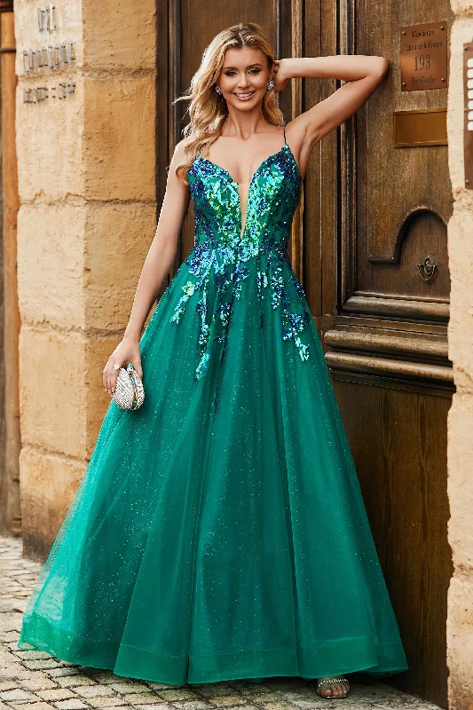 Daily Specials Plunging V-neck Sparkle Sequins A-Line Tulle Dress