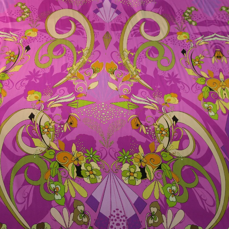 Referral Discount Gold with Green Accents and Fuchsia Background Floral Printed Silk Charmeuse Fabric