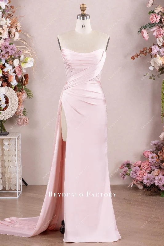 Get It Before It’s Gone Blush Pink Satin Prom Dress Illusion Rhinestones Corset