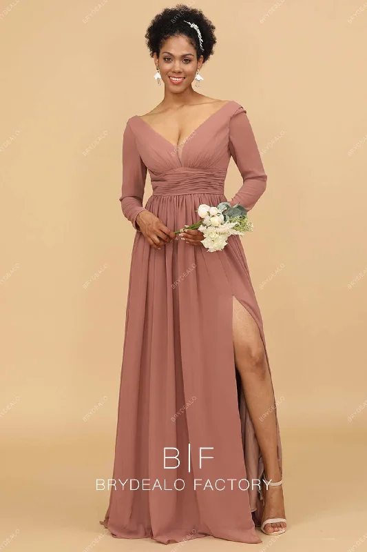 Deal Explosion Plunging Neck Ruched Empire Slit Floor Length Bridesmaid Dress