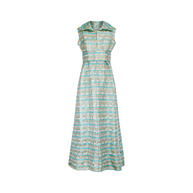 Instant Discount 1960s Couture Turquoise and Gold Floral Lamé Maxi Dress