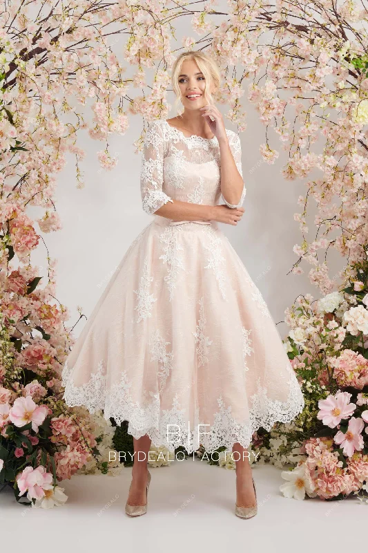 Clearance Items Elegant Lace Three-Quarter Sleeves Blush Tea-Length Wedding Dress