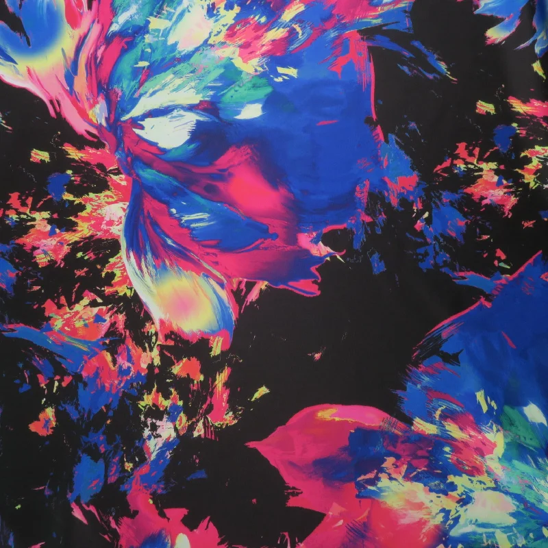 Markdowns Blue and Fuchsia Floral on Black Background Printed Polyester Mikado Fabric Markdowns Blue and Fuchsia Floral on Black Background Printed Polyester Mikado Fabric