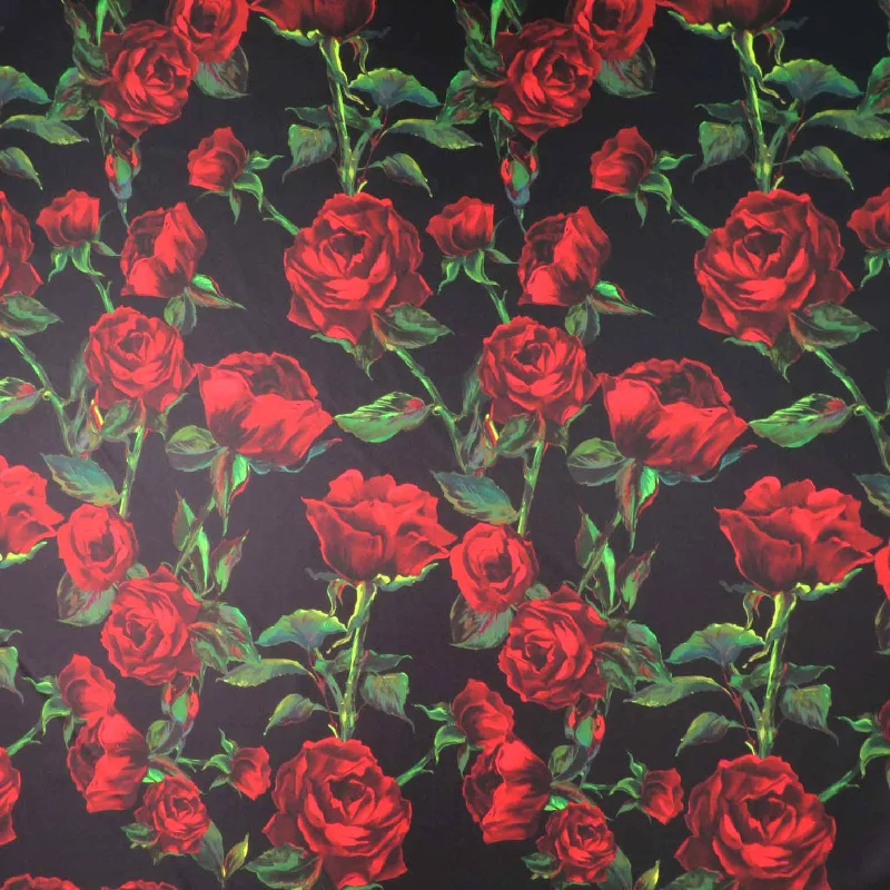 Extra Savings Red Roses on Black Background Printed Polyester Mikado Fabric