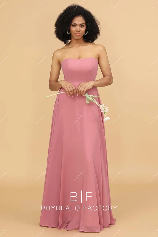 Best Deals Watermelon Strapless A-line Chiffon Floor Length Bridesmaid Dress