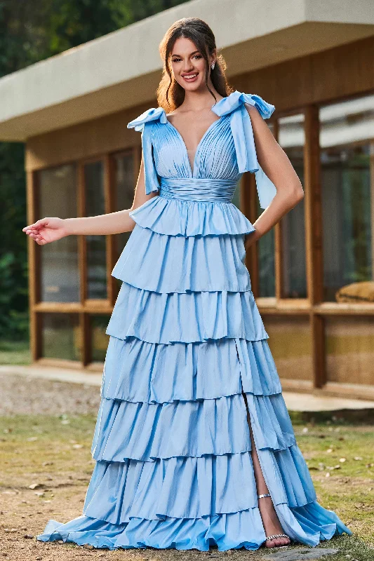 Super Deal Plunging V-neck Taffeta Tiered Gown With Slit