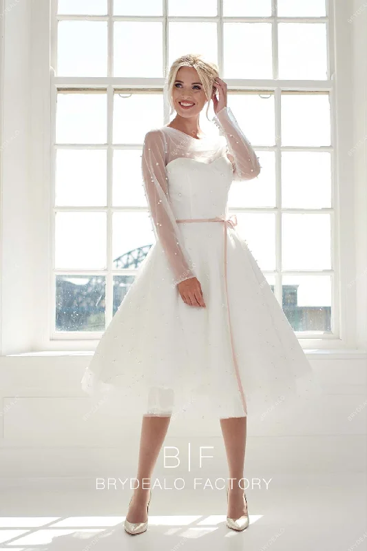 Huge Savings Pearls Sheer Sleeves Elegant Tea Length Informal Wedding Gown