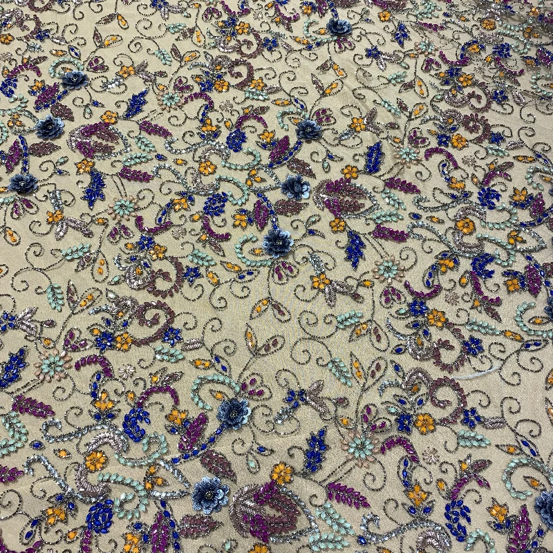 Low Prices Multicolored Beads Floral 3D Fashion Embroidered Tulle Fabric