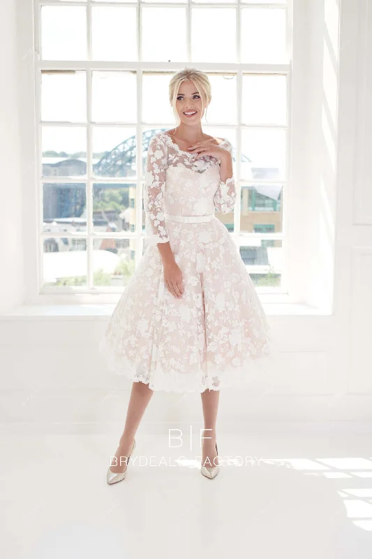Shop and Save Designer Lace 3/4 Sleeve Blush Pink Tea Length 1950s Bridal Dress