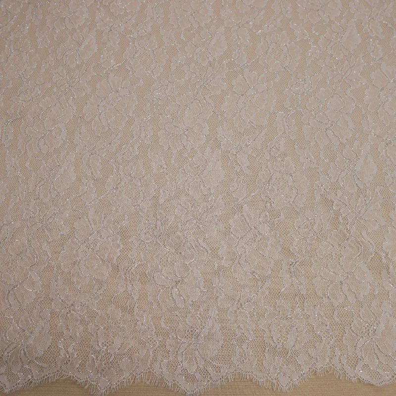 Reduced Prices White Embroidered Tulle with Silver Lurex Thread Floral Double Scalloped Lace