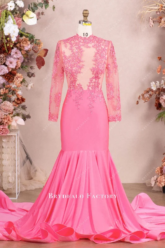 Epic Deals Flamingo Beaded Lace Sleeved Mermaid Prom Dress