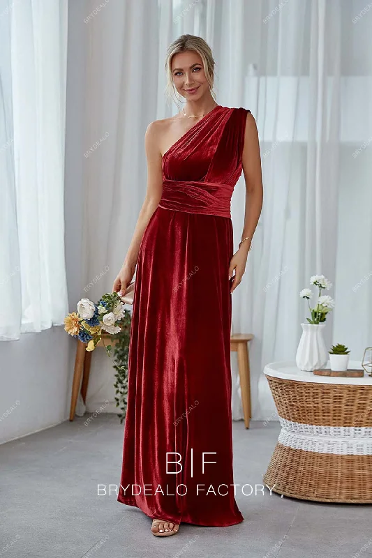 Exclusive Access Red Multi-wear Velvet Floor Length A-line Bridesmaid Dress