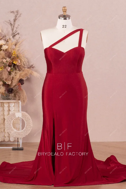 Closeout Elegant Burgundy One-Shoulder Elastic Jersey Bridesmaid Dress