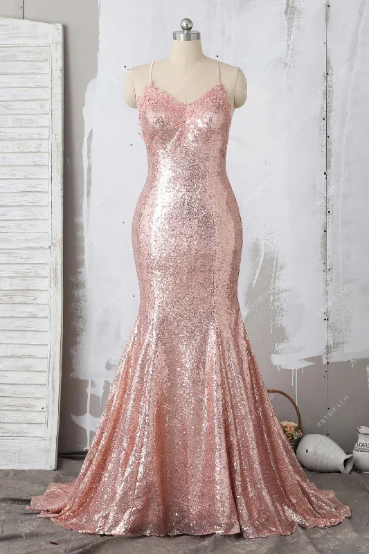 Deal Dash Elegant Lace Appliqued Rose Pink Sequin Mermaid Prom Gown