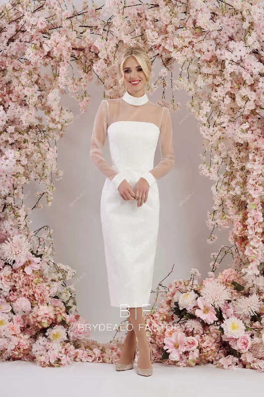 Unmissable Offer Shimmery Sequin Turtle Neck Sheath Tea Length City Wedding Dress