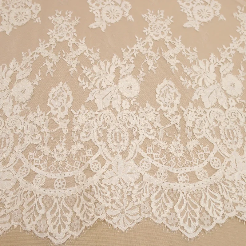 Low Prices Off White Floral Corded Embroidered Double Scalloped Lace