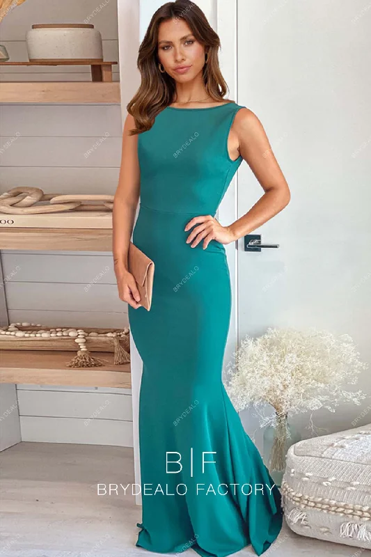 Mega Sale Peacock Bateau Neck Sleeveless Trumpet Ruffled Back Bridesmaid Dress
