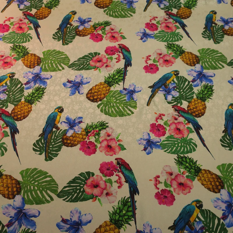 Super Bargain Parrots and Pineapples with a Light Ivory Background Printed Silk Charmeuse Fabric Super Bargain Parrots and Pineapples with a Light Ivory Background Printed Silk Charmeuse Fabric