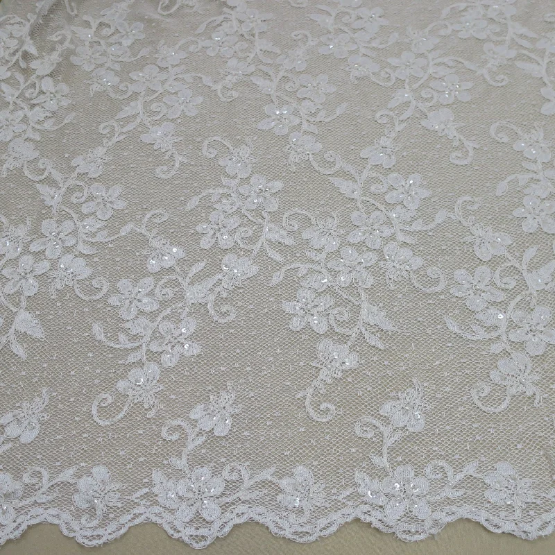 Super Bargain Off White Floral Embroidered Beaded Double-Scalloped Lace