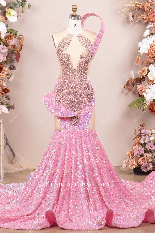 Online Specials Luxury Pink Sequin Rhinestone Shoulder Panel Prom Dress