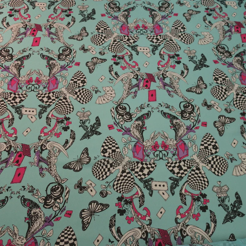 Online Specials White Butterflies and Cards on an Aqua Background Printed Silk Chiffon Fabric Online Specials White Butterflies and Cards on an Aqua Background Printed Silk Chiffon Fabric