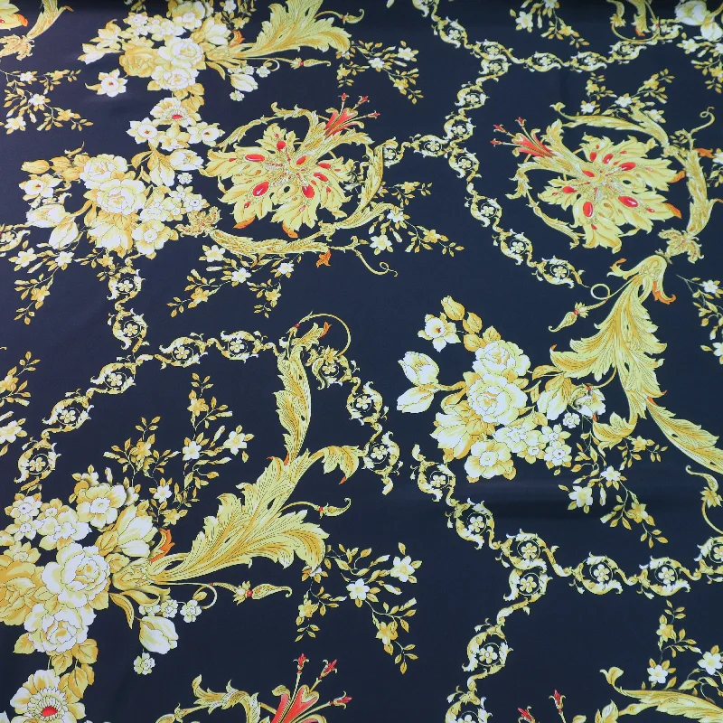 Act Fast White Camelia on Black Ground Printed Silk Charmeuse Fabric