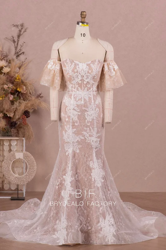The Best Prices Off Shoulder Detachable Flutter Sleeve Lace Mermaid Wedding Dress