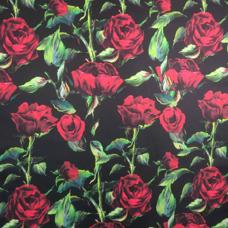 Final Clearance Red Roses on Black Background Printed Polyester Mikado Fabric