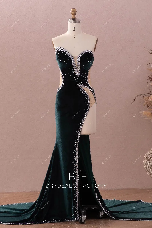 Final Clearance Sexy Rhinestone Cutout Mermaid Velvet Long Prom Dress