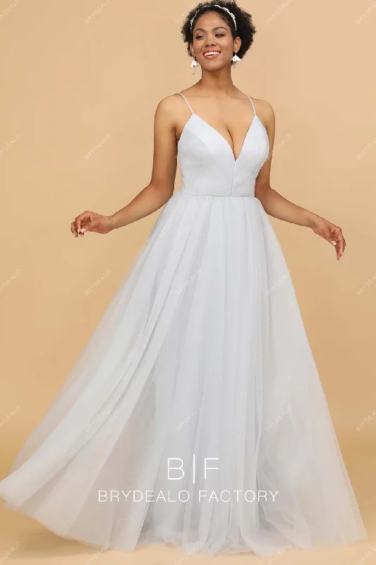 New Markdowns Ice Blue Spaghetti Straps V-neck Tulle Floor Length Bridesmaid Dress