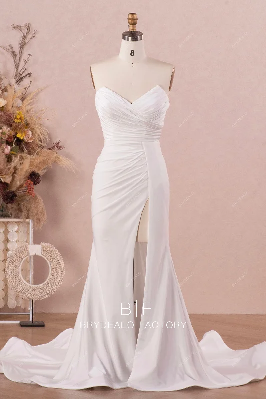 Limited Availability Strapless V-cut Pleated Neck Slit Jersey Wedding Dress