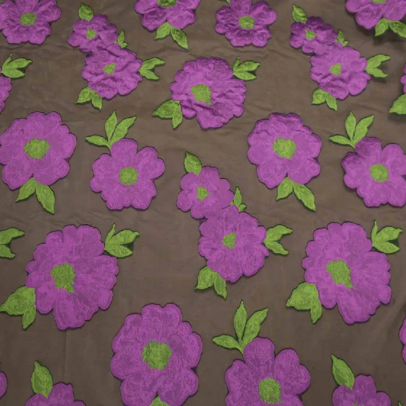 Final Sale Purple And Brown Floral Textured Embroidered Organza Fabric