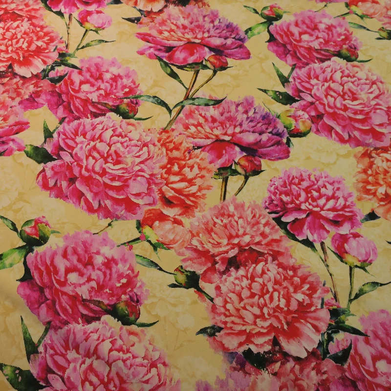 Midnight Sale Orange and Fuchsia on a Yellow Background Floral China Silk Fabric
