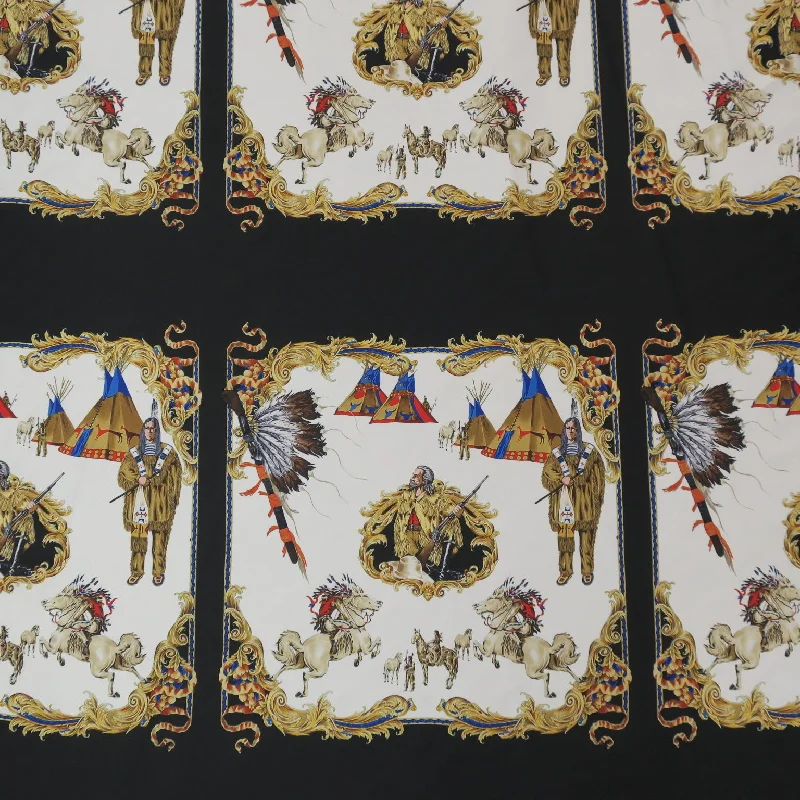 Anniversary Sale Multicolored Indian Squared on Black Printed Polyester Mikado Fabric Anniversary Sale Multicolored Indian Squared on Black Printed Polyester Mikado Fabric