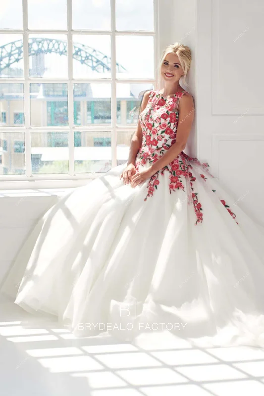 Online Exclusive Pink Embroidery Sleeveless Spring Tulle Garden Wedding Ball Gown