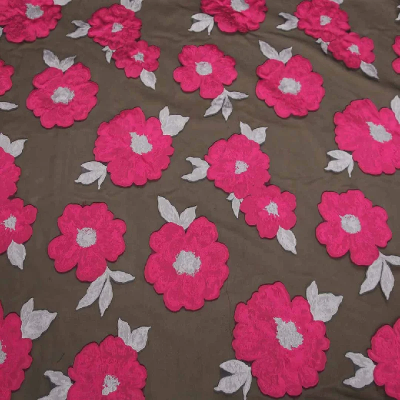 Extra Discounts Pink And Brown Floral Textured Embroidered Organza Fabric